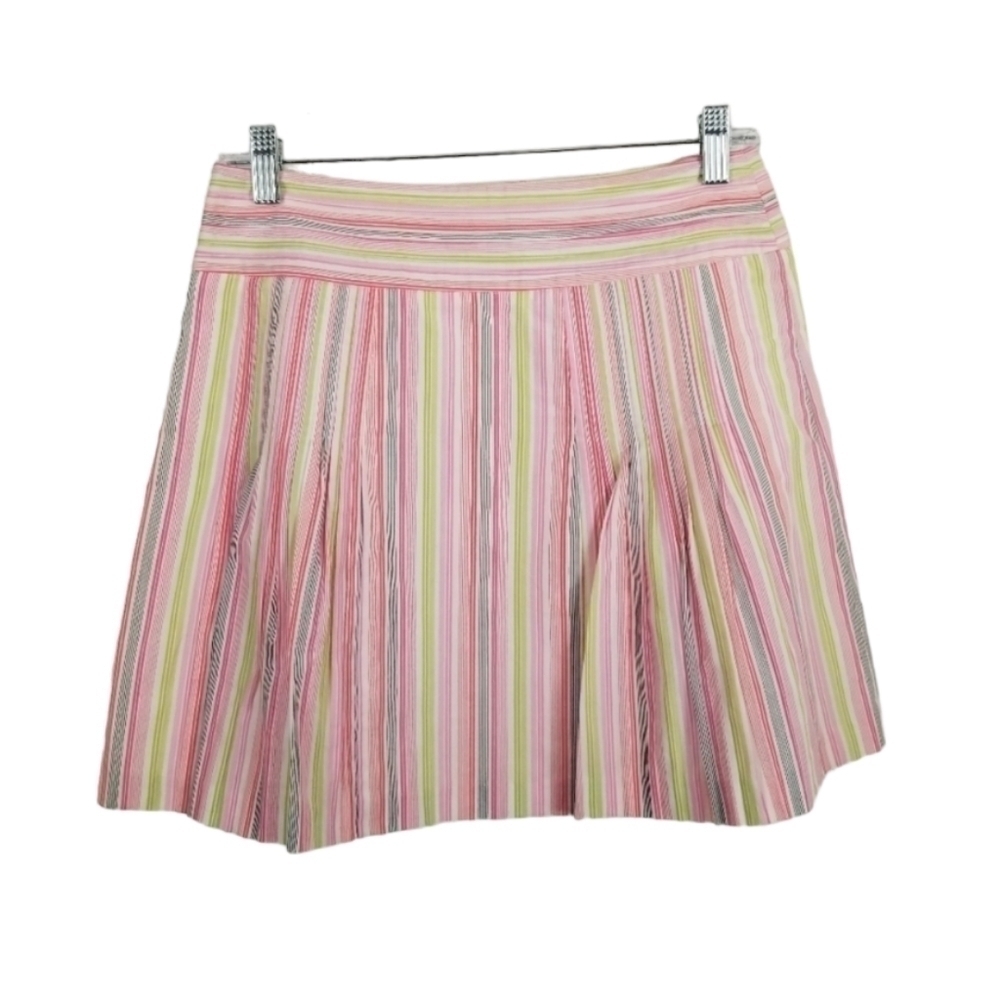 J Crew Pleated Skirt Multicolor Stripes Pink Green White Cotton Coquette Preppy